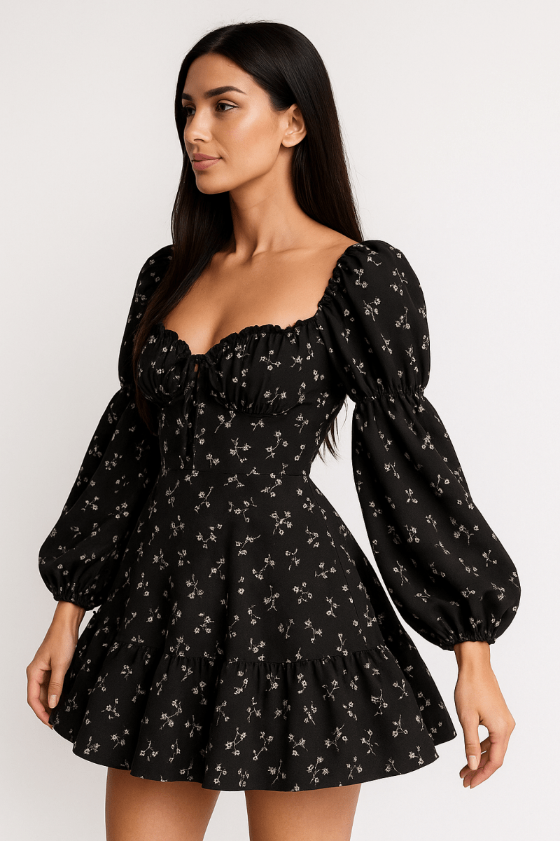 Puff Sleeve Floral Dress with Open Back