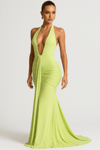 Halter Maxi Gown – Deep V-Neck, Draped Ruched