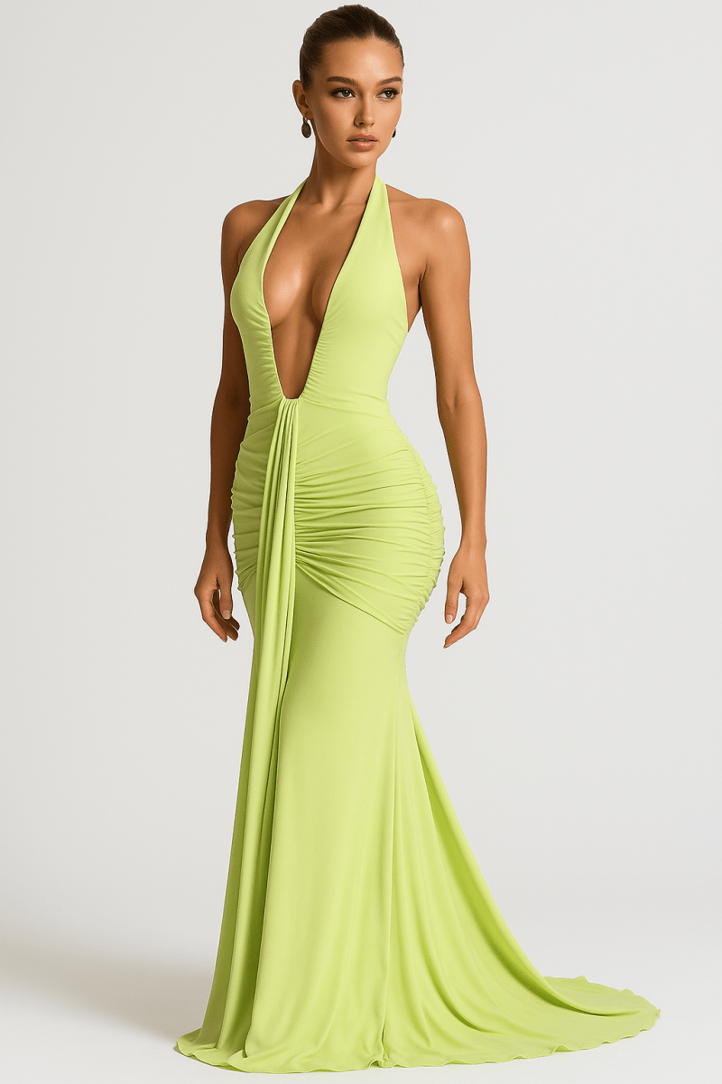 Halter Maxi Gown – Deep V-Neck, Draped Ruched