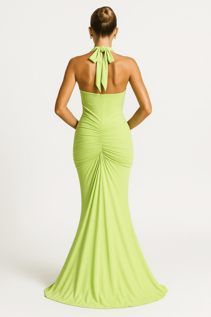 Halter Maxi Gown – Deep V-Neck, Draped Ruched