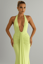 Halter Maxi Gown – Deep V-Neck, Draped Ruched