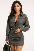 Striped Two-Piece Set Lapel Shirt & Slim Mini Skirt