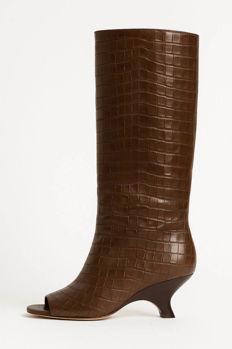 Croc-Embossed Peep Toe Boots