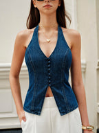 Halter Neck Button Detail Denim Top