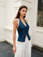 Halter Neck Button Detail Denim Top