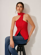 Cotton & Linen Halter Top With Decor Pockets