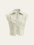 Linen Blend Cropped Blouse with Cross Wrap Detail
