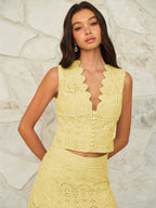 Scalloped Neckline Button-Front Eyelet Crop Top