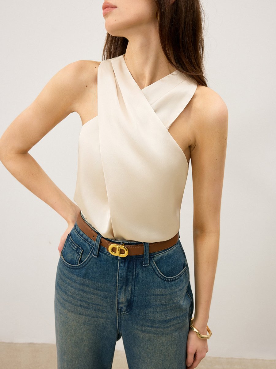 Satin Cross-Over Collar Tank Top
