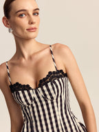 Gingham Spaghetti Strap Peplum Top with Lace Trim