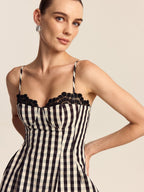 Gingham Spaghetti Strap Peplum Top with Lace Trim