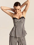 Gingham Spaghetti Strap Peplum Top with Lace Trim