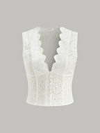 Scalloped Neckline Button-Front Eyelet Crop Top