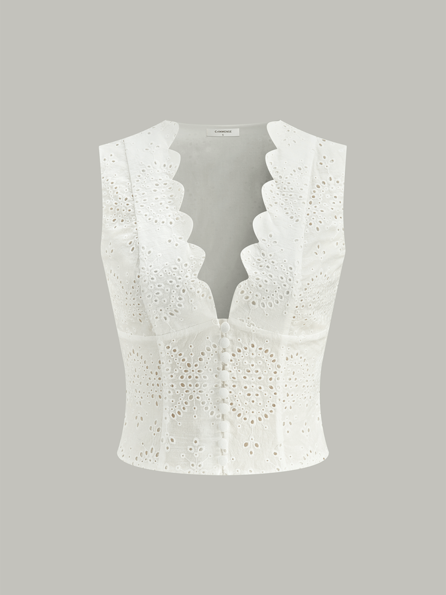 Scalloped Neckline Button-Front Eyelet Crop Top