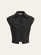 Linen Blend Cropped Blouse with Cross Wrap Detail