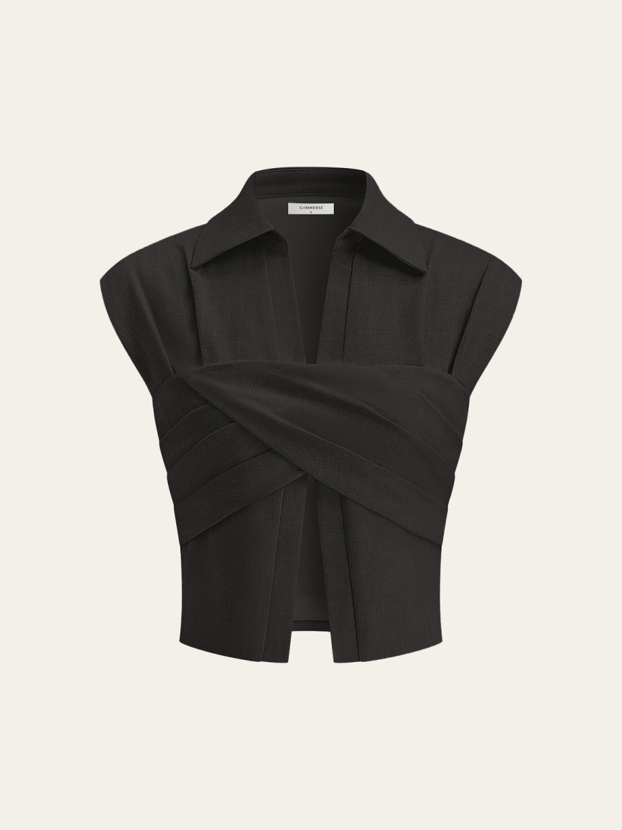 Linen Blend Cropped Blouse with Cross Wrap Detail