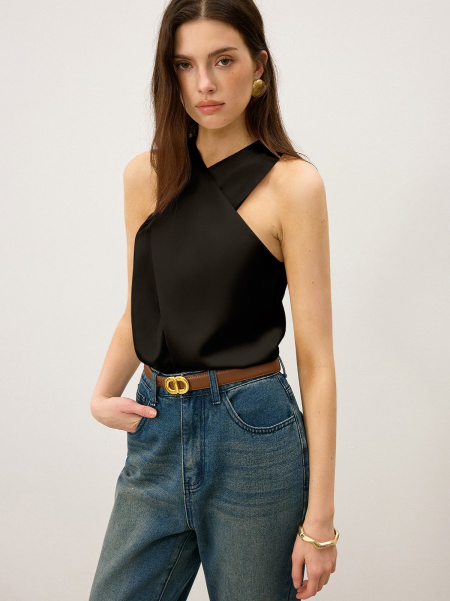 Satin Cross-Over Collar Tank Top