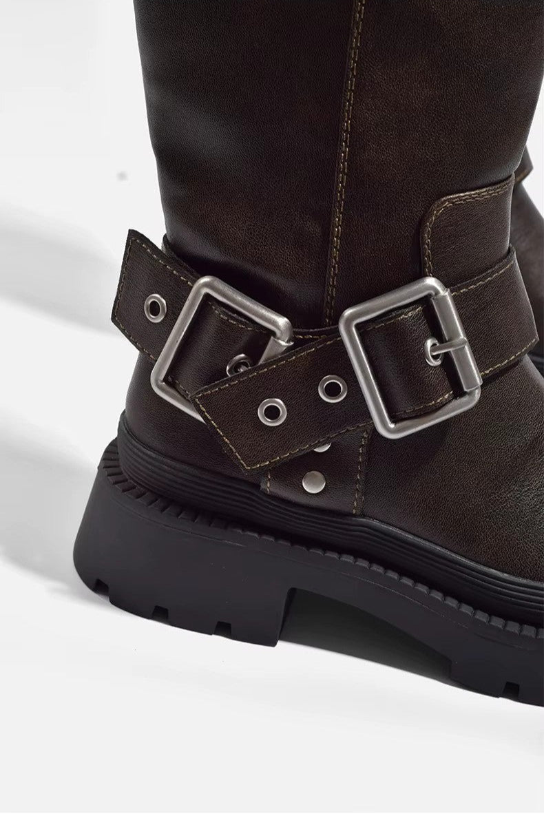 Retro Buckle Knee-High Boots